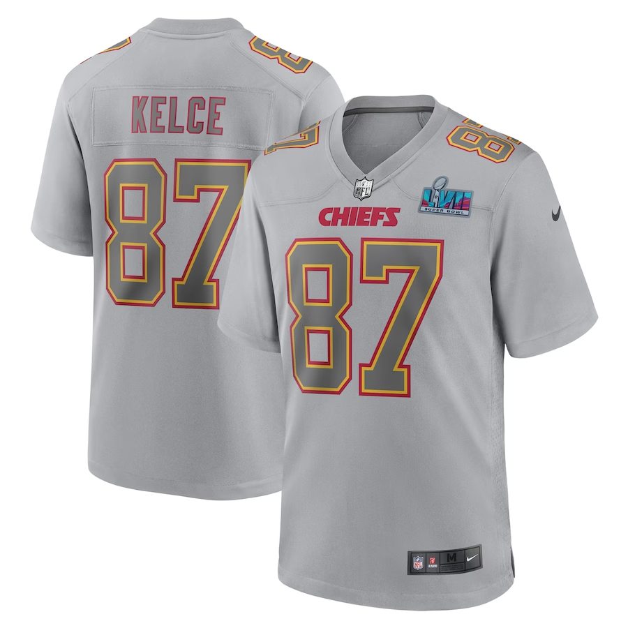Men's Kansas City Chiefs Travis Kelce #87 Gray Super Bowl LVII Patch Atmosphere Jersey